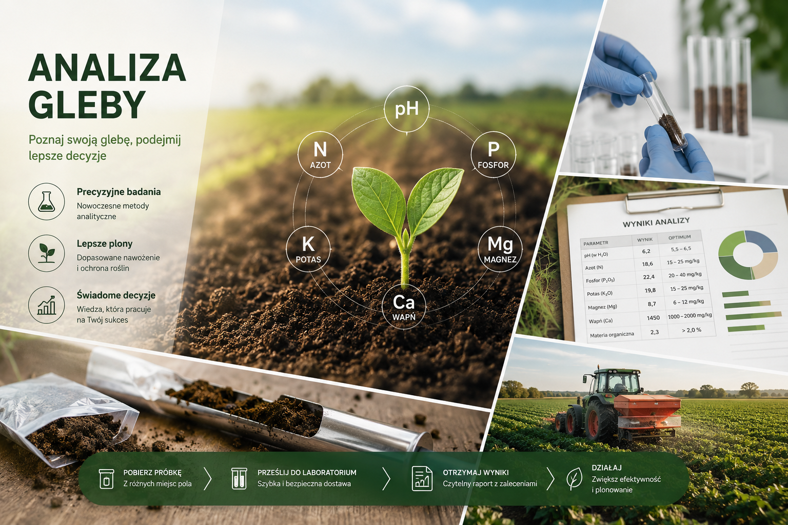 Grafika rolnicza z kiełkiem w glebie, ikonami pH, N, P, K, Mg, Ca oraz laboratorium i wynikami.