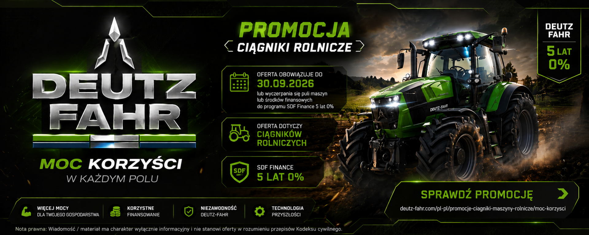 Baner opisujący promocję ciągników Deutz-Fahr skierowaną do rolników do 30.09.2026