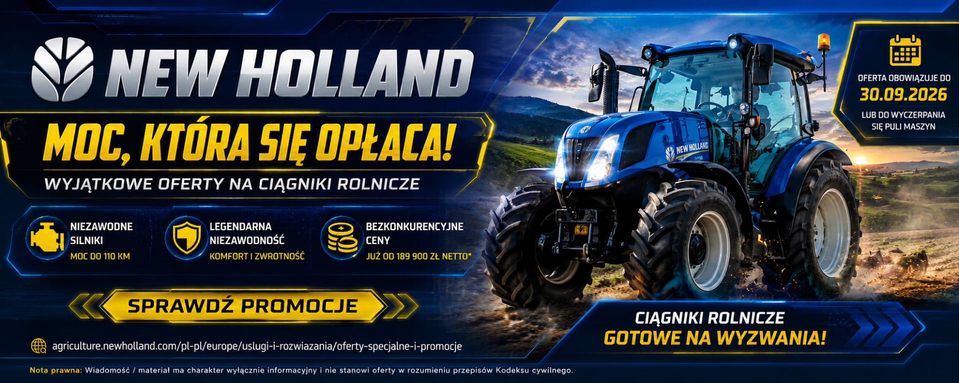 Baner opisujący promocję ciągników New Holland skierowaną do rolników do 30.09.2026